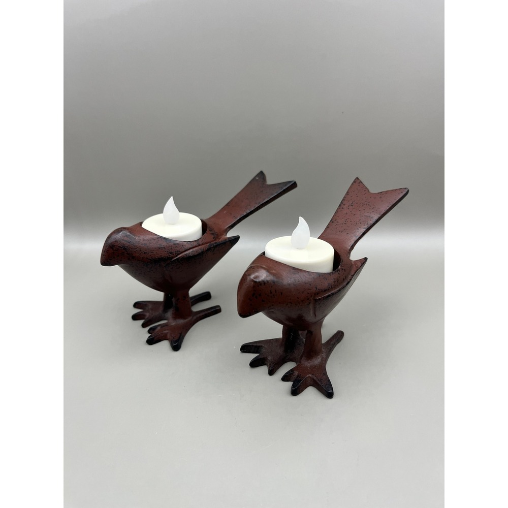 Vtg Brushed Metal Bird Tea Light Candle Holders Pair Brown Made in India 3.25"